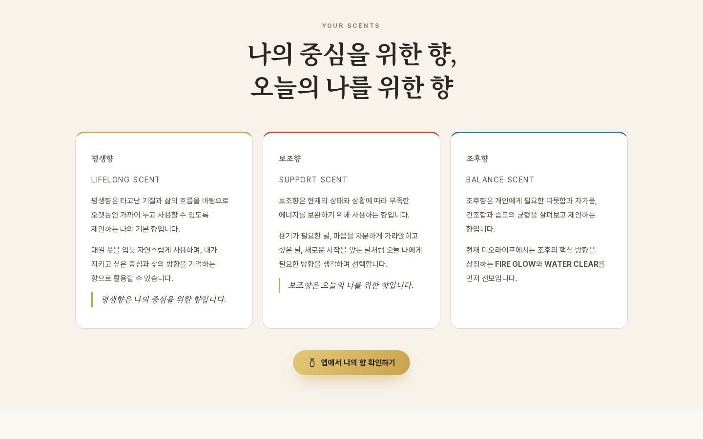 향 추천 구조 — 평생향·보조향·조후향