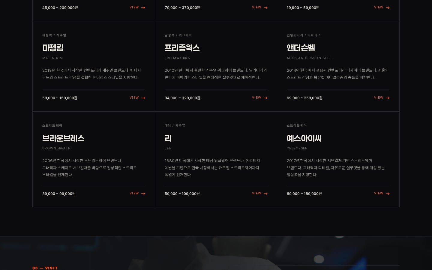 브랜드 카드 — 가격대·상세 링크
