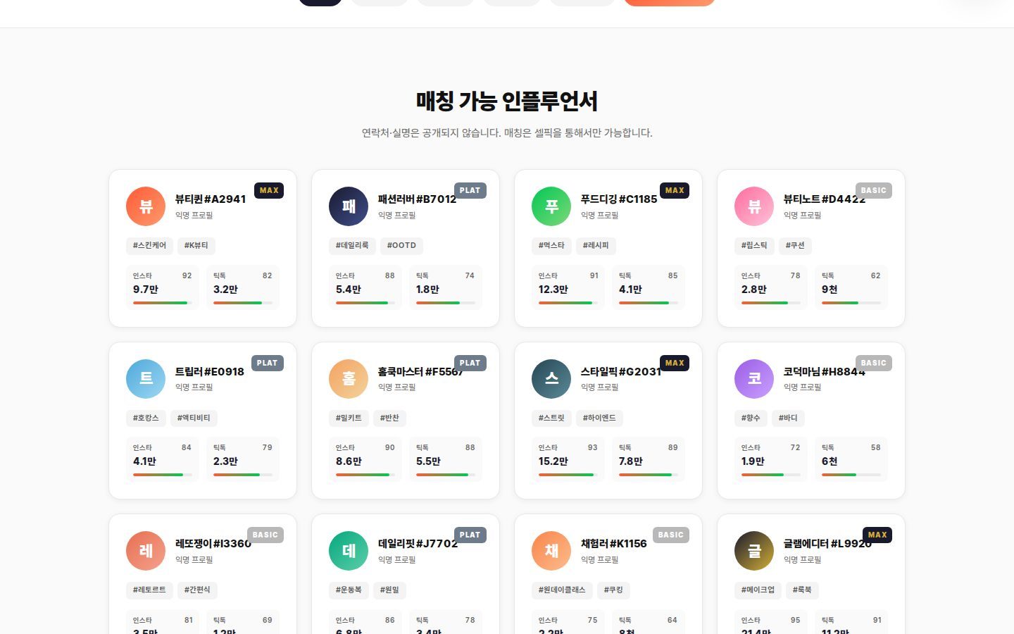 익명 인플루언서 카드 — 닉네임·팔로워·활성화지수