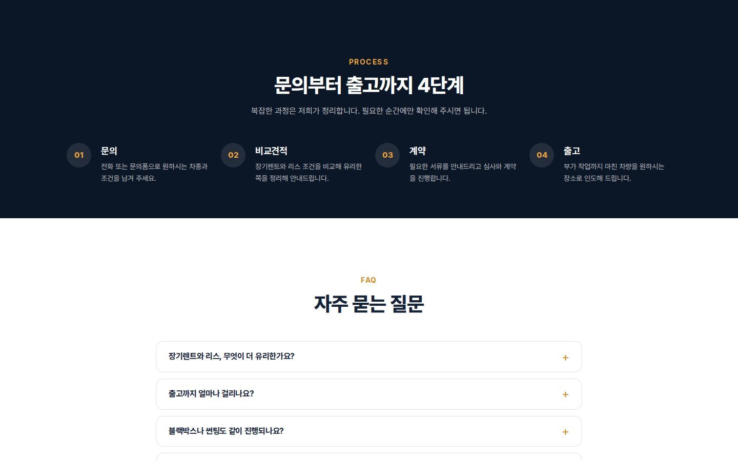문의부터 출고까지 4단계 · FAQ