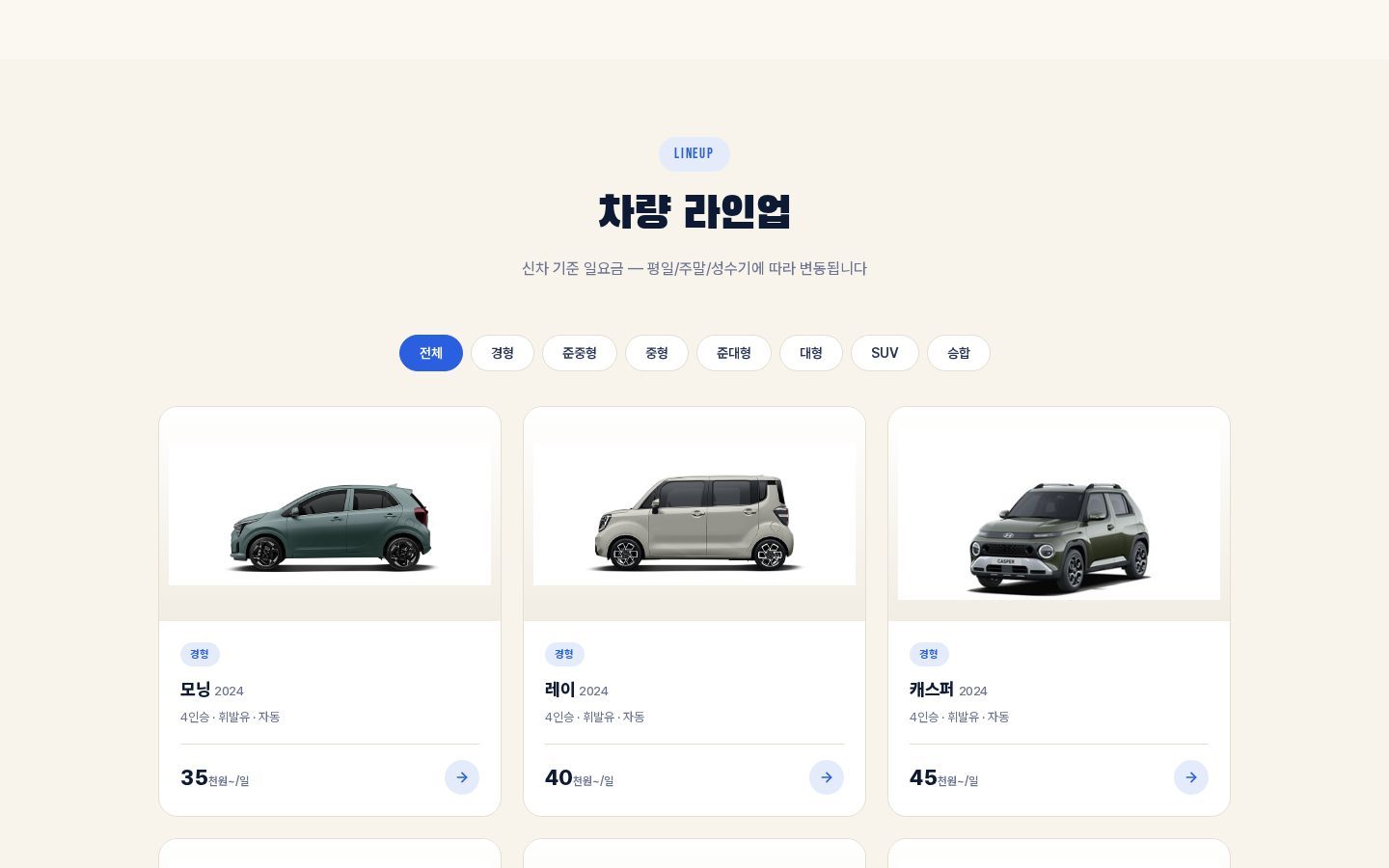 차량 라인업 — 차급 필터 탭